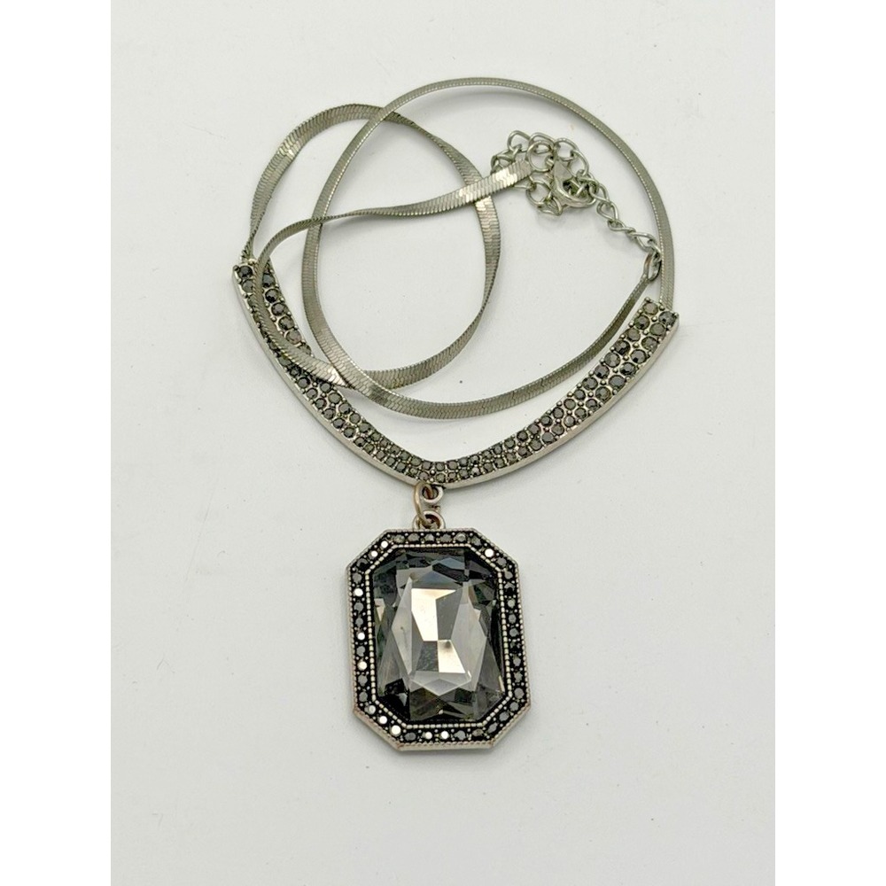 Vintage Style Statement Necklace Gray Faceted Stone Pendant Silver Tone